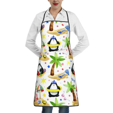 

Gaeub Penguins On The Beach Kitchen Cooking Aprons Adjustable Bib Apron Waterdrop and Oil Resistant Kitchen Chef Apron for Women Men