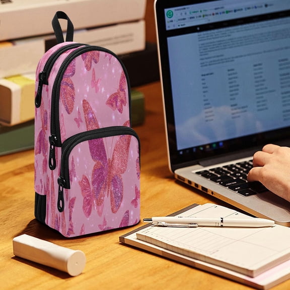 Backpack Pencil Case, 3 Compartment Large Capacity Oxford Fabric Pencil Pouch / Glittering Sequin Butterfly