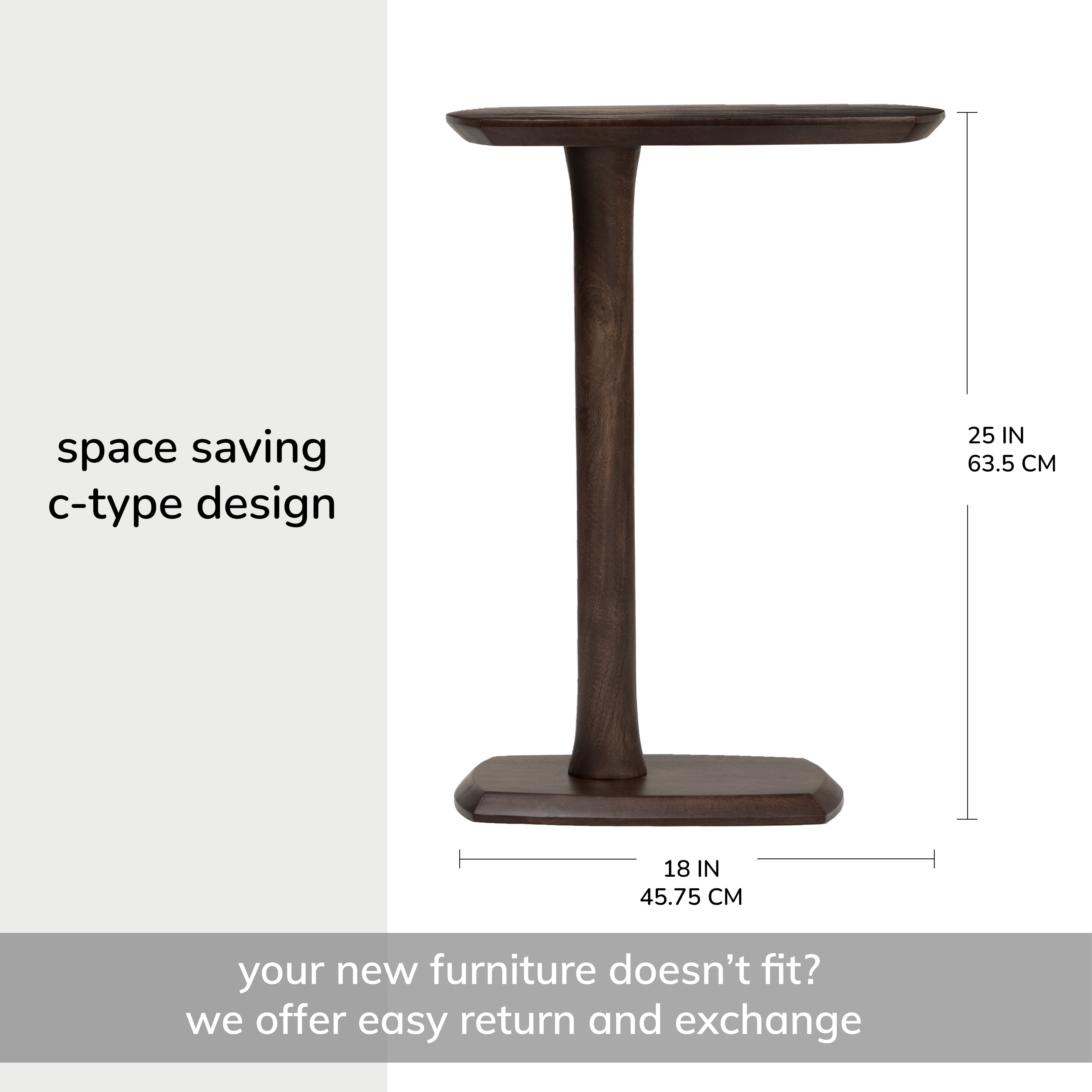 MH London Stirling Solid Mango Wood C-Shape End Table, Slide Under Sofa Side Table, 18 x 13.5 x 25 in, Espresso