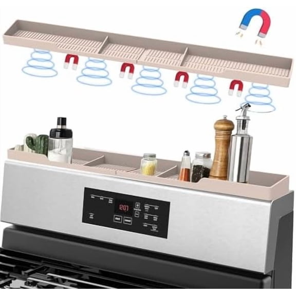 Stove Top Shelf 30 Inch - Silicone Material Magnetic Shelf for Stove - 3 Functional Partitions Kitchen Spice Rack Organizer-Beige,Kitchen Gadgets Storage Organization