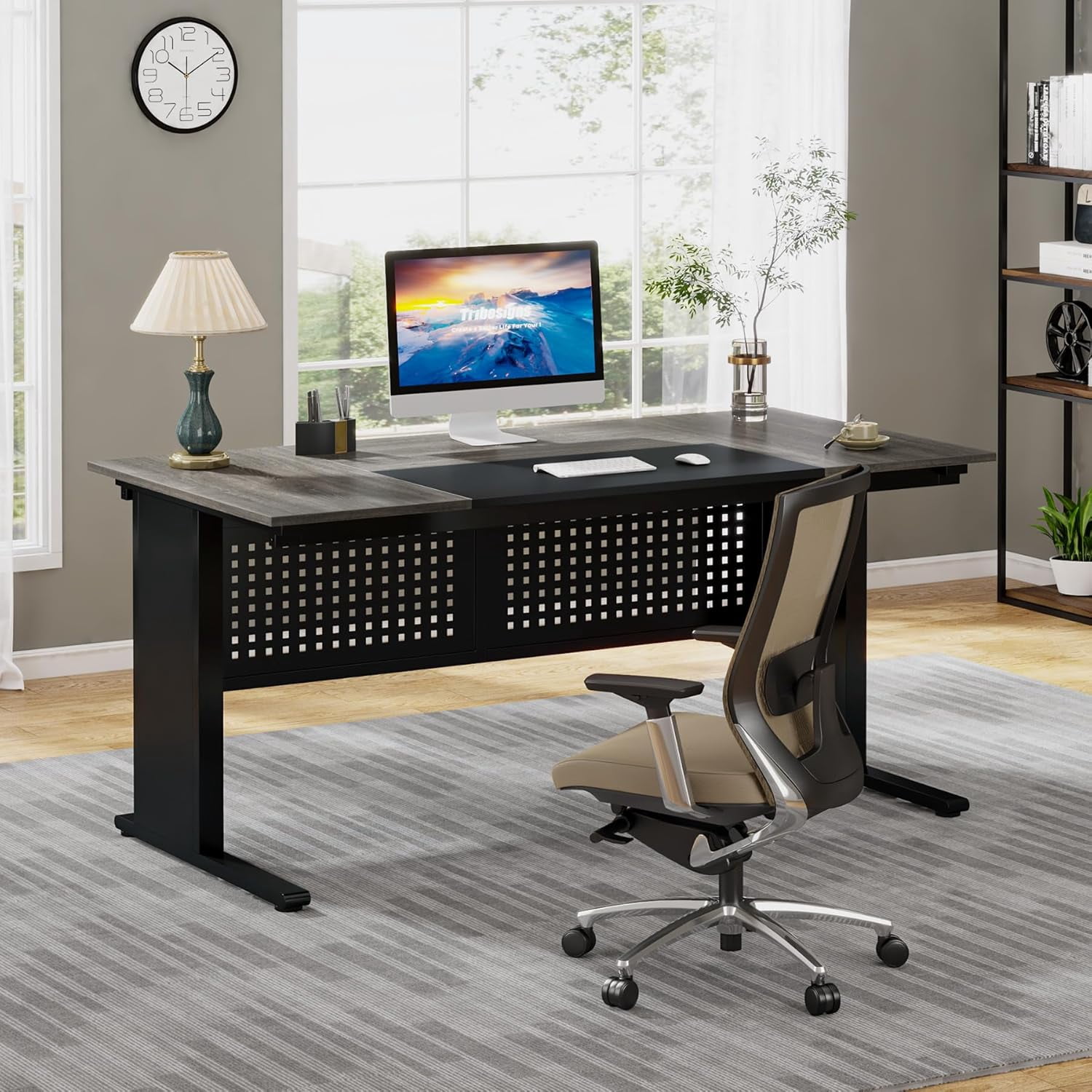 Tribesigns 63 Inch Executive Desk with File Cabinet, Large Office Desk L Shaped Computer Desk with Drawers and Storage Shelves, Business Furniture Desk Workstation for Home Office, White and Walnut