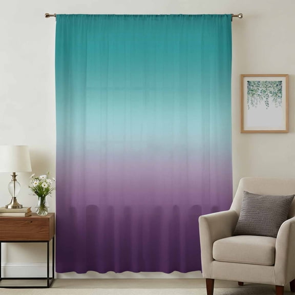 Teal Purple Ombre Sheer Curtains 108 Inches Extra Long, Turquoise Gradient Modern Abstract Light Filering Curtains, Privacy Drapes Simi Floor to Veiling Curtain for Living Room Large Window Treatment