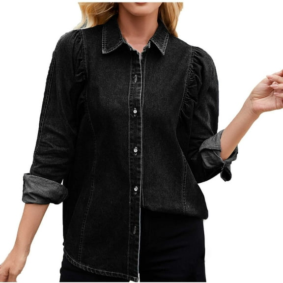 TFEOQRY Women's Denim Shirt Button Down Ruffle Shoulder Long Sleeve Casual Work Jeans Jacket Fall Outwear Black