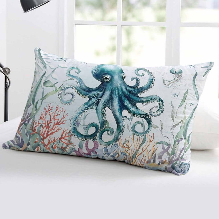 Teal Octopus Coastal Throw Pillow Cover 12 x 20 Inch Decorative - Main Image