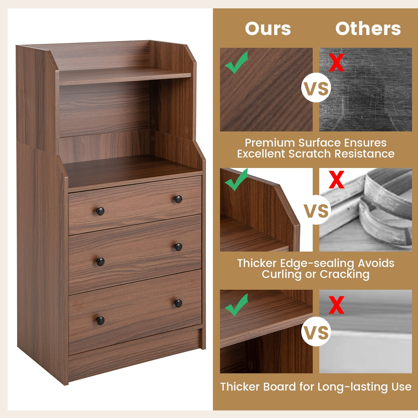 Giantex 3 Drawers Dresser for Bedroom, Storage Dresser Chest w/Anti-toppling Device, Tall Nightstand, Walnut