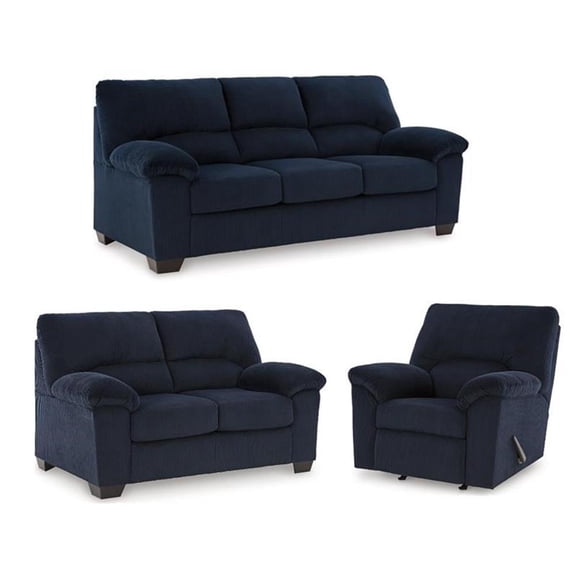 Bowery Hill Navy Living Room Set of Recliner, Loveseat, & Sofa in Polyester Upholstered