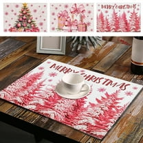 Yhmxh Pink Christmas Placemats, Pink Xmas Tree Merry Christmas Placemats, Washable Dining Table Mats Heat Resistant Xmas Place Mats, Winter Table Mats for Party Kitchen Dining Decoration 12x20 Inch