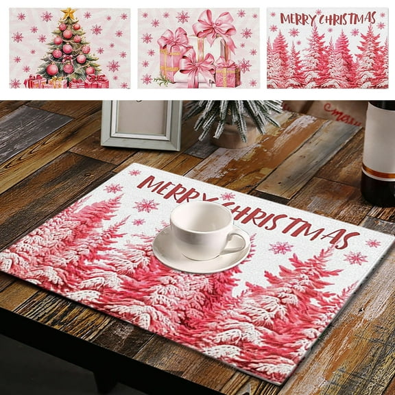 Yhmxh Pink Christmas Placemats, Pink Xmas Tree Merry Christmas Placemats, Washable Dining Table Mats Heat Resistant Xmas Place Mats, Winter Table Mats for Party Kitchen Dining Decoration 12x20 Inch