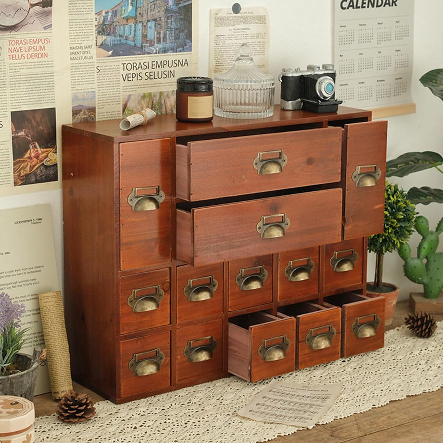14 Drawers Apothecary Drawers Card Catalog Cabinet,Wooden Storage Box with Drawers,Library Card Catalog Cabinet for Desktop Organizer,Brown