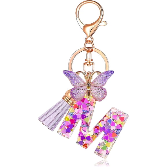 Initial letter Keychains for Women Tassel Butterfly Pink Purple Cute Car Keychain for Wallet Backpack bag charm