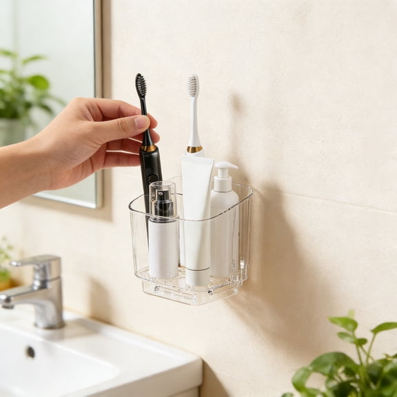 Toothbrush Holder Wall Mount No-Drill Bathroom Organizer,3-Slot Detachable Toothpaste Rack with Drain Tray,Transparent PET for Vanity Shelf Clear