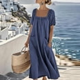 thumbnail image 4 of Ruimatai Women's Square Neck Gathered Short Sleeve Half-Button Loose Fit Casual Maxi Dresses with Pockets for Women Beach & Vacation Wear, 4 of 8