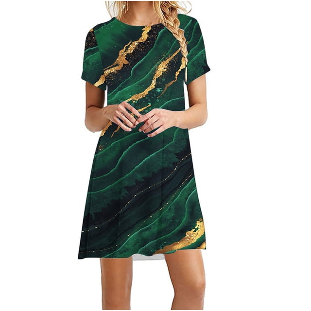 SMihono Robe Maxi Bohème d'Été pour Femmes Grande Taille Mode Féminine Col Rond Manches Courtes Imprimée Robe de Plage
