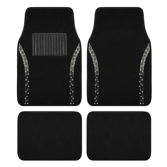 Auto Drive Bling Diamond Automotive Floor Mats, 4-Piece Carpet Set, Universal Fit, Sliver Black