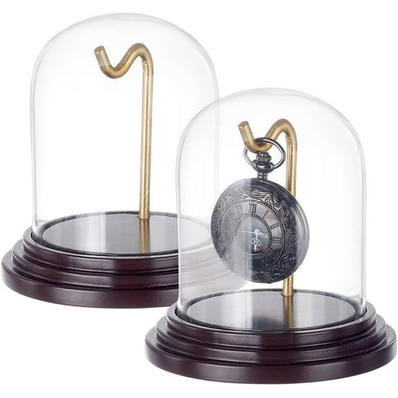 2 Pcs Pocket Watch Display Case 4.23x4.53 inch Watch Ornament Glass Display with Hook Glass Dome Cloche with MDF Base for Watch Medals Jewelry Collectibles