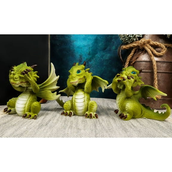 3 Wise Dragon Set See Hear Speak No Evil Whimsical Green Dragons Mini Figurines
