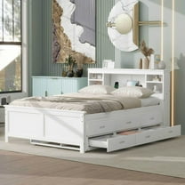 Newest Full Size Platform Bed with Storage Headboard, USB, Twin Size Trundle and 3 Drawers, White