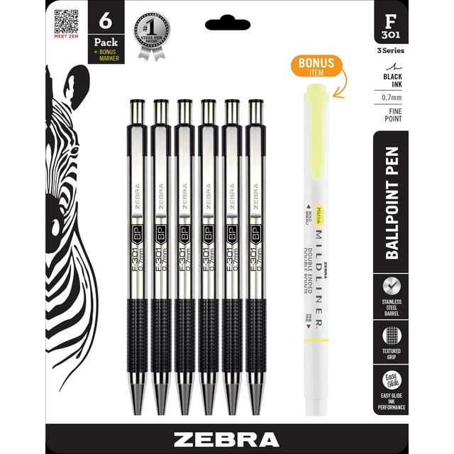 Bolígrafo retráctil Zebra Pen F-301 de 0,7 mm, punta fina, paquete de 6