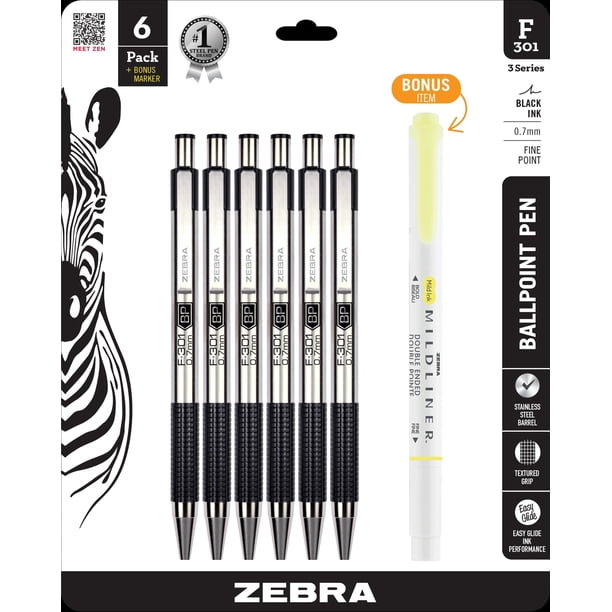 Bolígrafo retráctil Zebra Pen F-301 de 0,7 mm, punta fina, paquete de 6