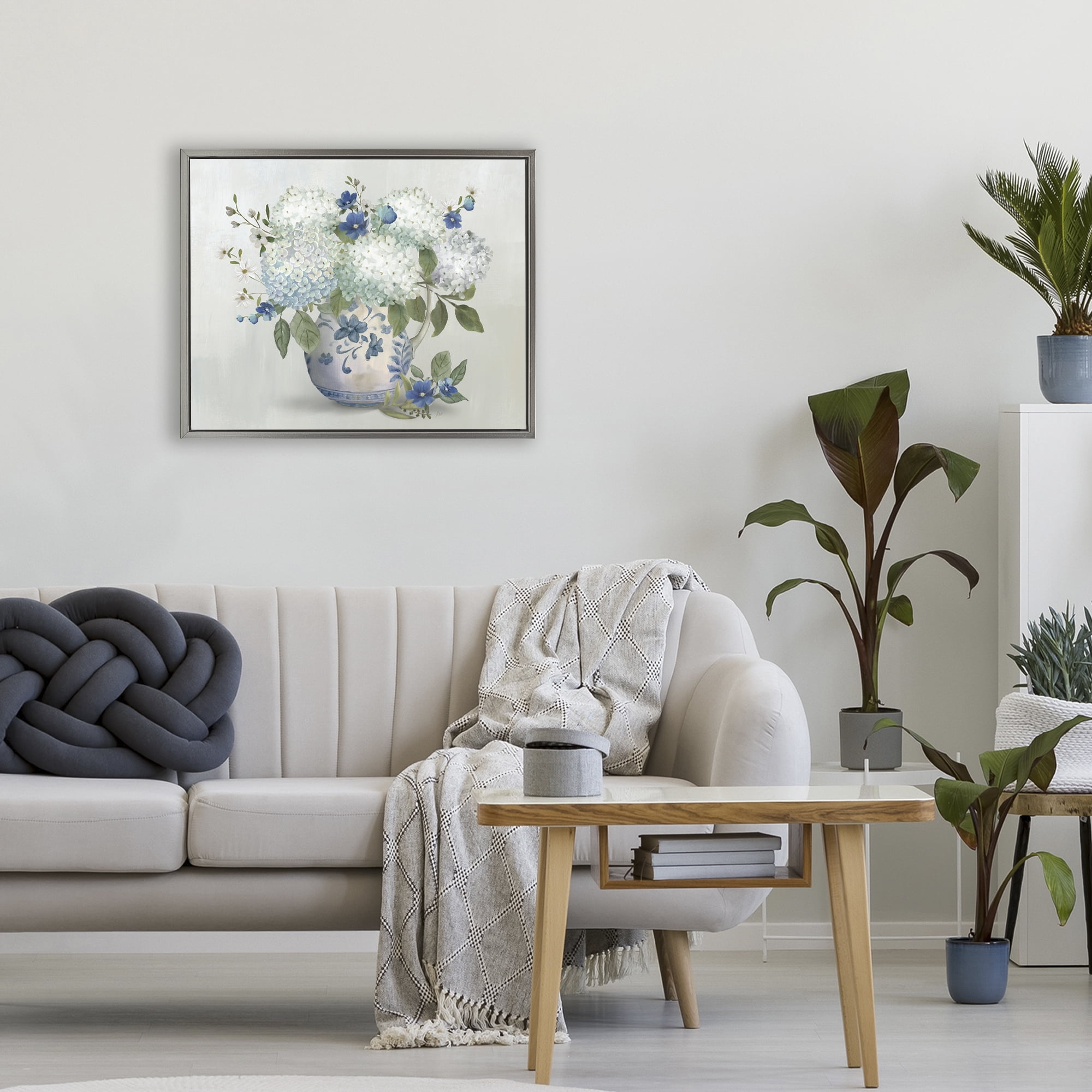 Stupell Industries Ivory & Blue Hydrangea Vase Gray Framed Floater Canvas Wall Art, design by Nan
