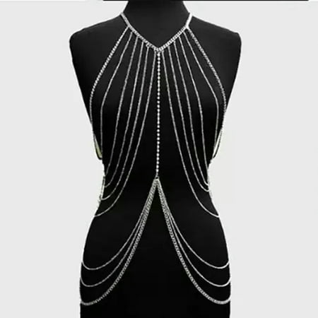EOEMY Women Bra Waist Belly Crossover Body Chain Harness Tassel Necklace Body Jewelry-Silver