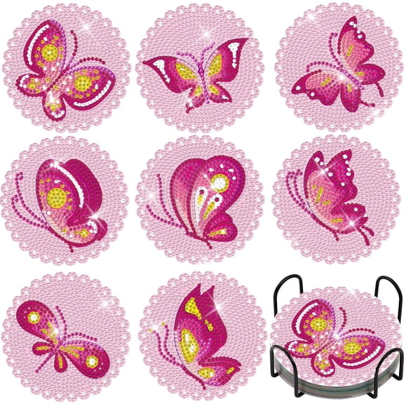 Sinkoo 8 Pcs Diamond Art Painting Coasters Kits with Holder, Pink Butterfly Diamond Art Coasters, DIY Diamond Crafts, Diamond Dot Kits for Adults Beginners
