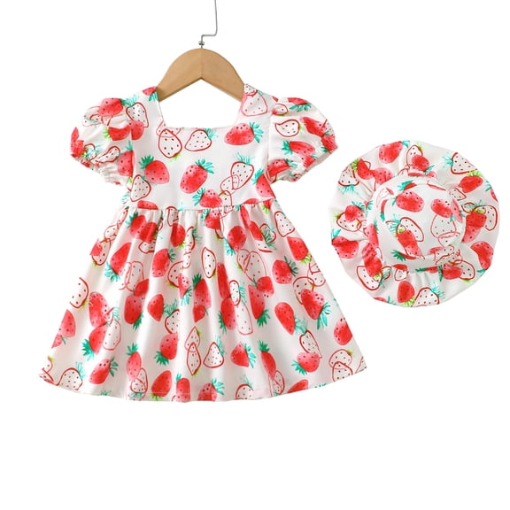 Baby Girls Clothes Toddler Girls Strawberry Dress 12 Months Girls Summer Dress 18 Months Girls Sundress Short Sleeve Dress with Cute Hat Red