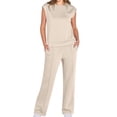 thumbnail image 1 of Traje Informal de Dos Piezas para Mujer, Cuello Alto, Pantalones Anchos, Ideal para Vacaciones y Viajes Beige L, 1 of 10