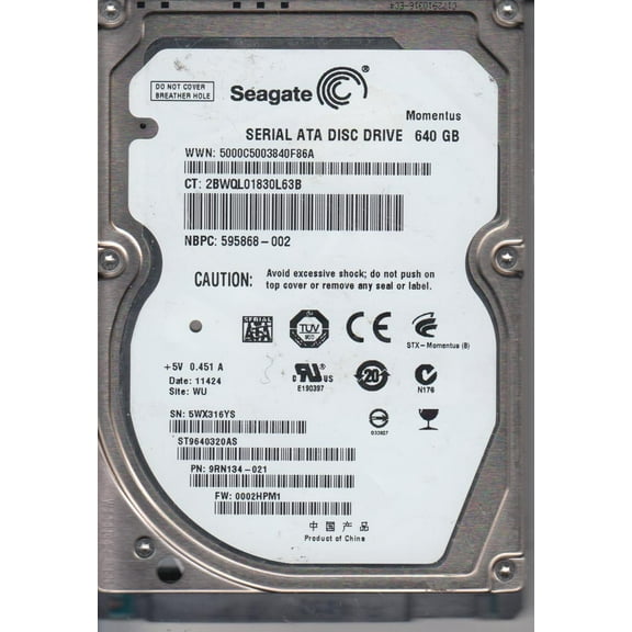 ST9640320AS, 5WX, WU, PN 9RN134-021, FW 0002HPM1, Seagate 640GB SATA 2.5 Hard Drive