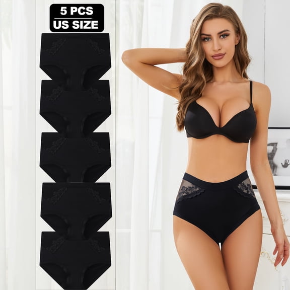 Womens Underwear Cotton Bikini Panties for Women High Waisted Lace Hipster Stretch Briefs for Ladies 5 Pack