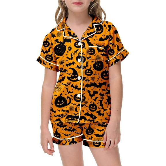 Yuncity Halloween Girls Pajamas Short Sleeve Casual Round Neck Printed Jammies Outfit Comfortable Everyday Wear Summer Sleepwear Size 2-3 Years Orange