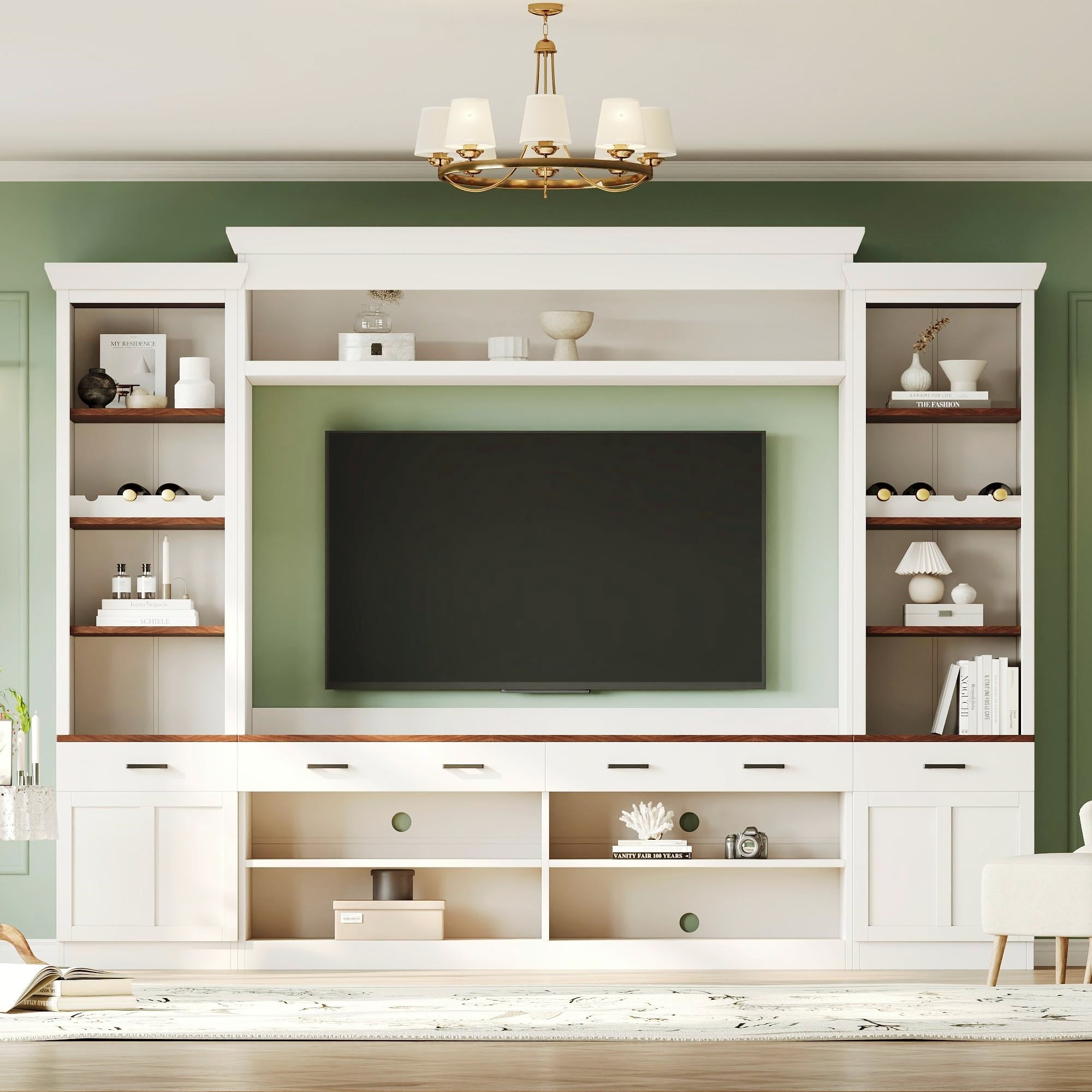 Euroco Mid-Century Large Media Console with Wine Rack for Living Room，Farmhouse 4-Piece Entertainment Wall Unit Set with Bookshelf for TVs Up to 70", Walnut TV Stand with Adjustable Shelves