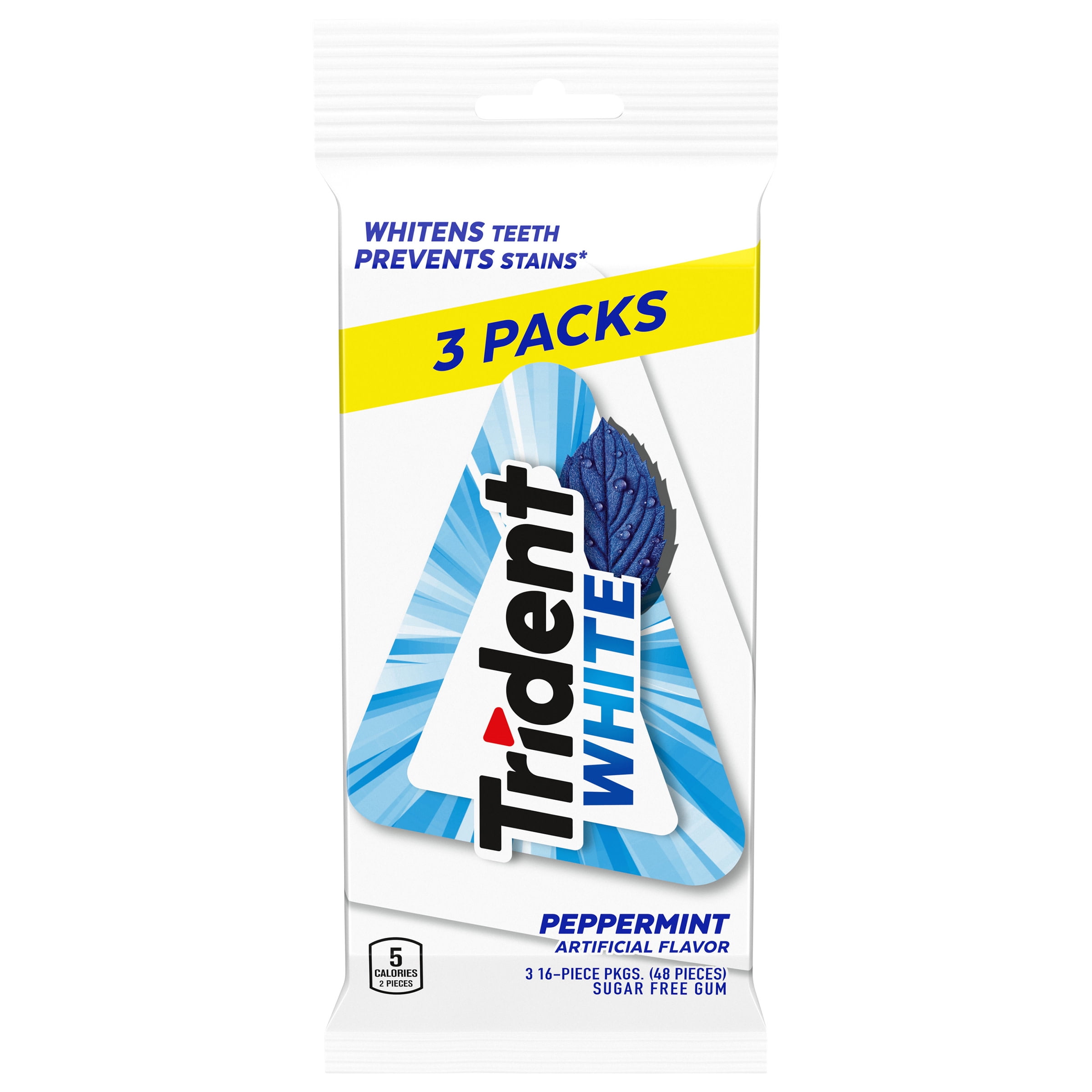 Trident White Sugar Free Gum, Peppermint Flavor, 3 Packs (48 Pieces Total)