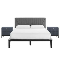 Platform Bed Nightstand Set, Queen Size, Blue, Wood, Modern Contemporary, Mid Century Bedroom Master Guest Suite Room