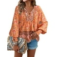 thumbnail image 2 of Women'S Casual Boho V Neck Top Loose Floral Printed Long Sleeve Beach Shirts Blouses Orange Color L, 2 of 9