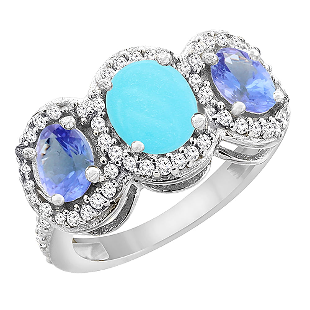 10K White Gold Natural Turquoise & Tanzanite 3-Stone Ring Oval Diamond Accent, size 6 by Gabriella Gold