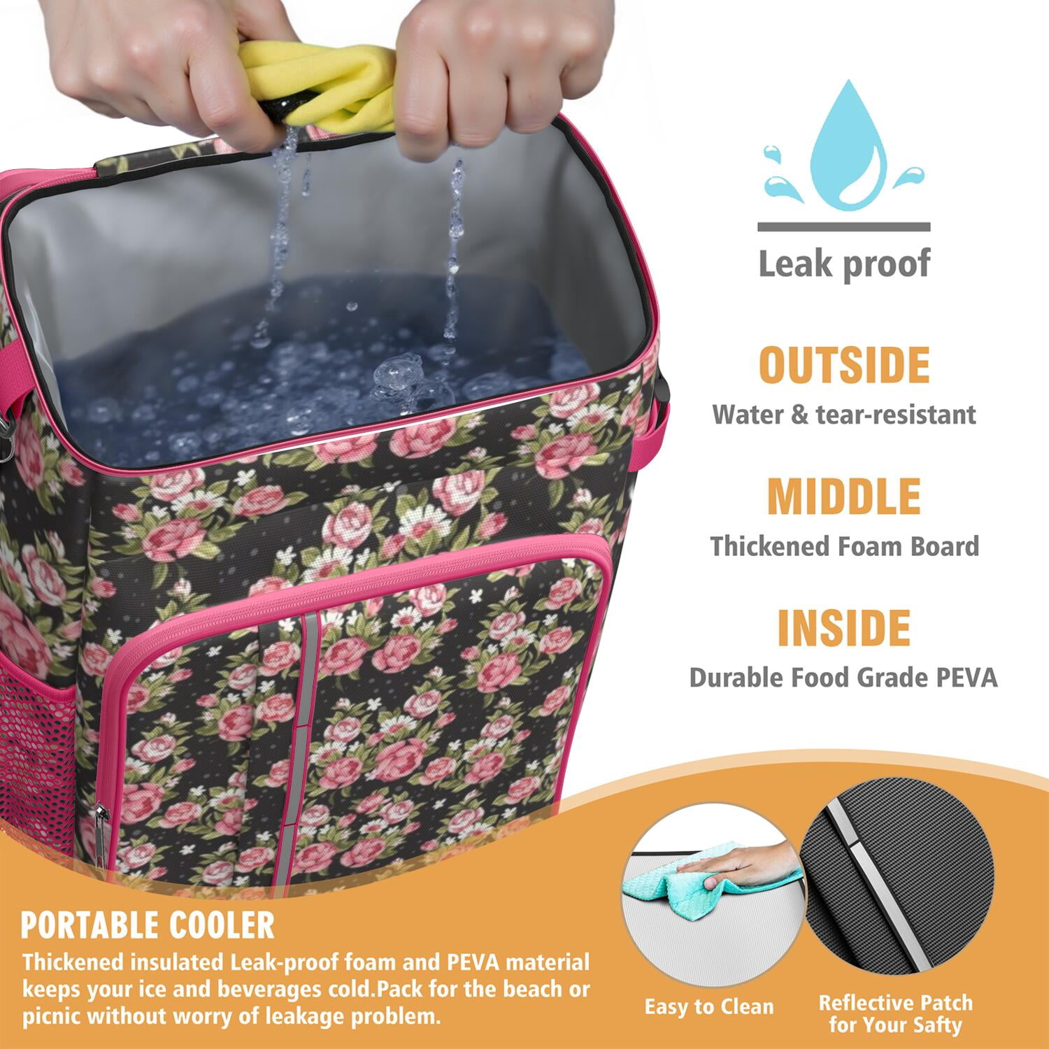 Travel Cooler Bag - Pioneer Flower Floral Print Pattern Camping Beer Cooler Backpack with Bottle Opener- Waterproof Insulated Picnic Backpacks - Cooler Bag for Beach