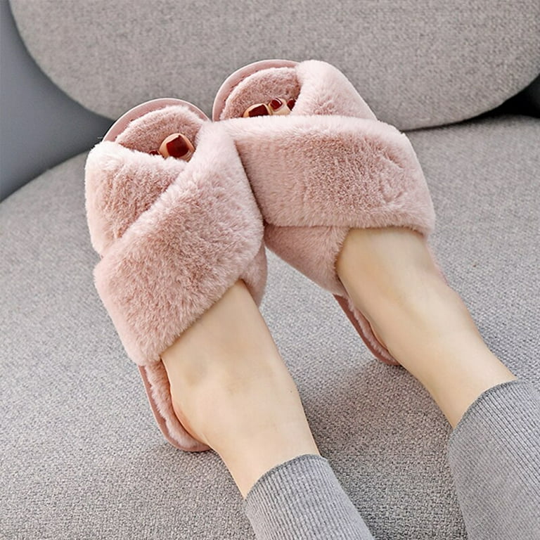 Cocopeaunt New Soft Sole Slippers Men Women Indoor Floor Flat Shoes Autumn Winter Warm Home PU Leather Warm Plush Bedroom House Slides, Adult Unisex