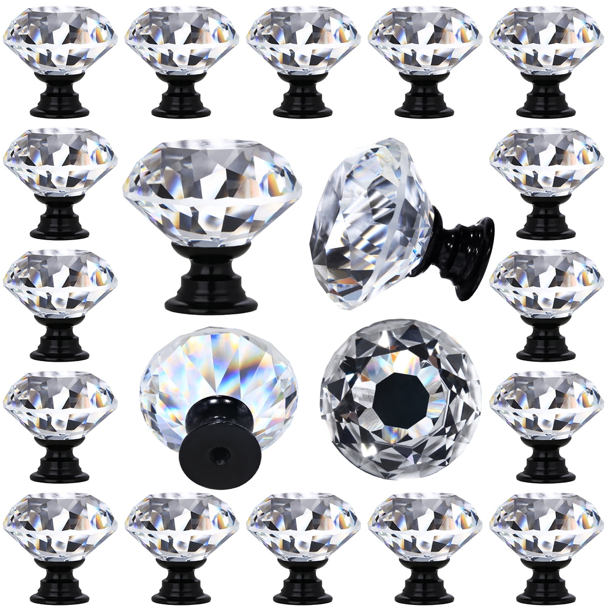 12 Pcs 30MM Crystal Clear Glass Cabinet Dresser Knob ProTocol Diamond Shape Door 