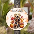 thumbnail image 4 of Hello Fall Golden Retriever Scarf Welcome Autumn with Leaves Pumpkins Round Wood Sign Goldens Dog Lover Gifts Idea Hanging Wall Home Decor - 00011, 4 of 5