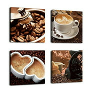 Coffee Wall Art Canvas Pictures Coffee Beans Cups Kits Modern Kitchen Canvas Artwork Vintage Brown Artwork Bar Home Office Decor Framed Ready to Hang 12" x 12" x 4 Pieces