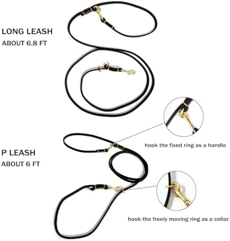 Multi Function 8ft Genuine Leather Hands Free Dog Training Leash for Puppy Small and Medium Dogs (8 Foot*3/8 inch, Black)