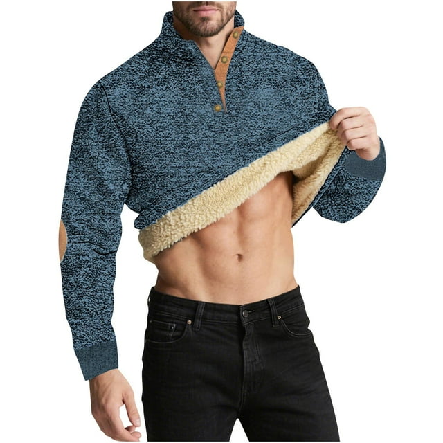 WRKEKC Men's Long Sleeve Shirts Solid Color Stand Collared Thick Fleece Lined Button Front Top for Fall and Winter Warmth
