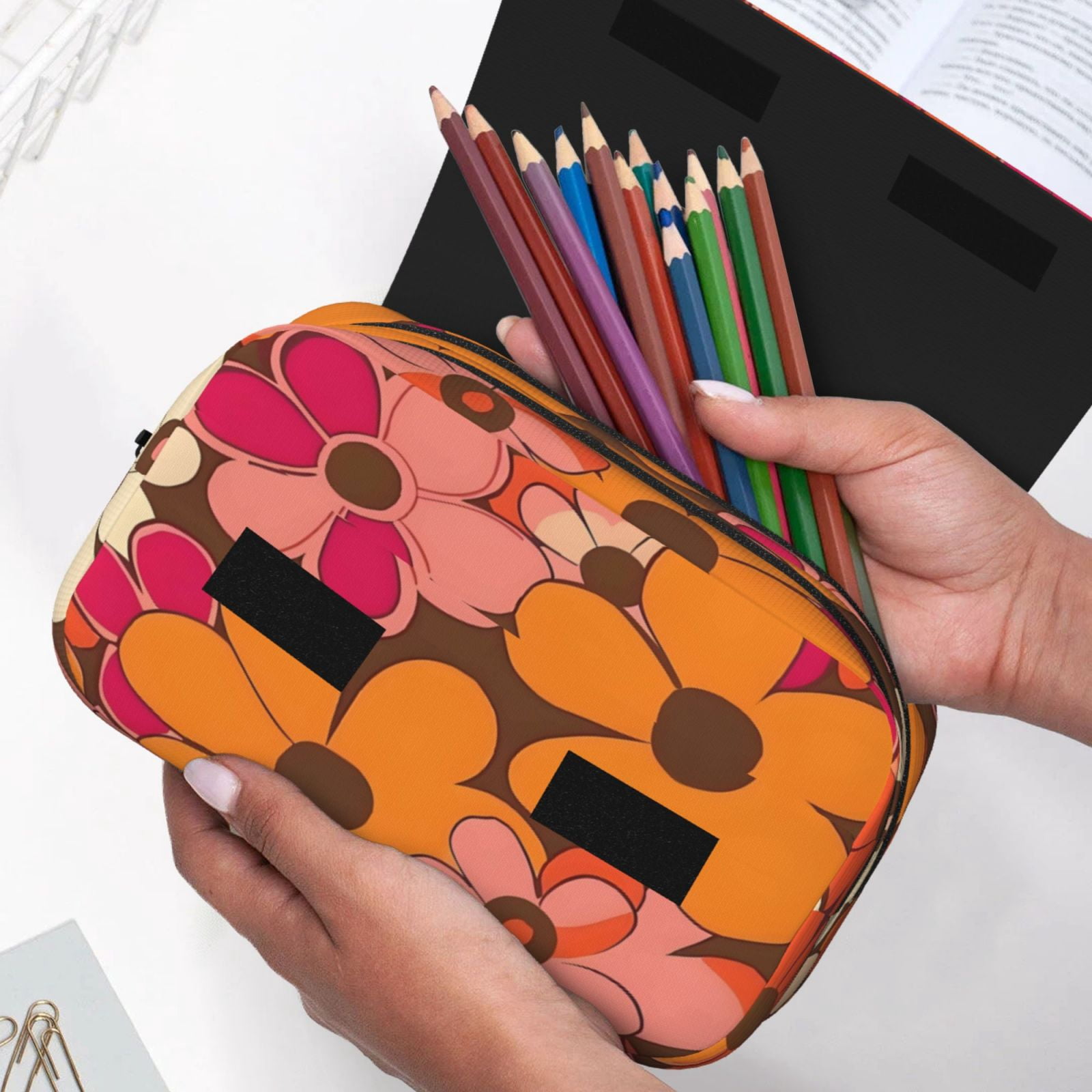 Large-Capacity Flip-Top Double-Layer Pencil Case, Multi-Functional Pocket Pen Case, Durable Stationery Organizer Retro Groovy Flowers Pattern (14)