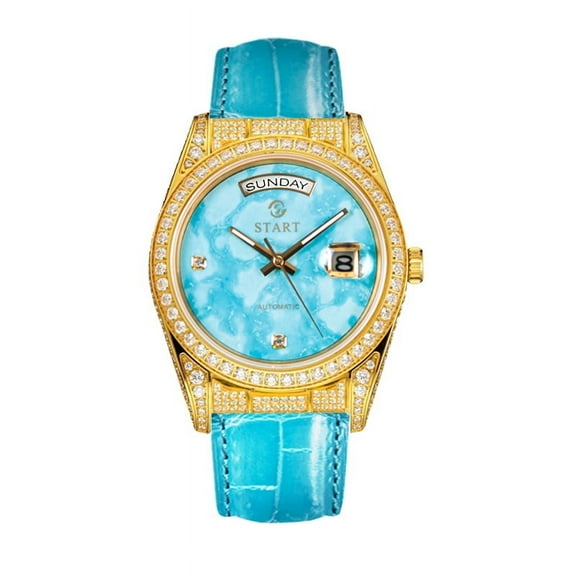 【START】Turquoise Men's Watch Swiss Fully Automatic Mechanical Movement Diamond Watch Date Week Function Butterfly Buckle Crocodile skin Strap