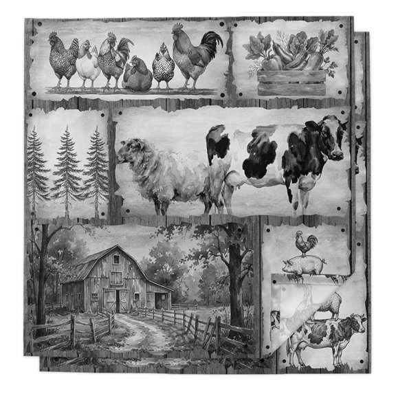 Black White Animals Cloth Napkins, Cow Rooster Trees Vintage Art Washable and Reusable Dinner Napkins Set of 2, Table Napkin for Kitchen Party Birthday Wedding Hotel Housewarming 20"x20"