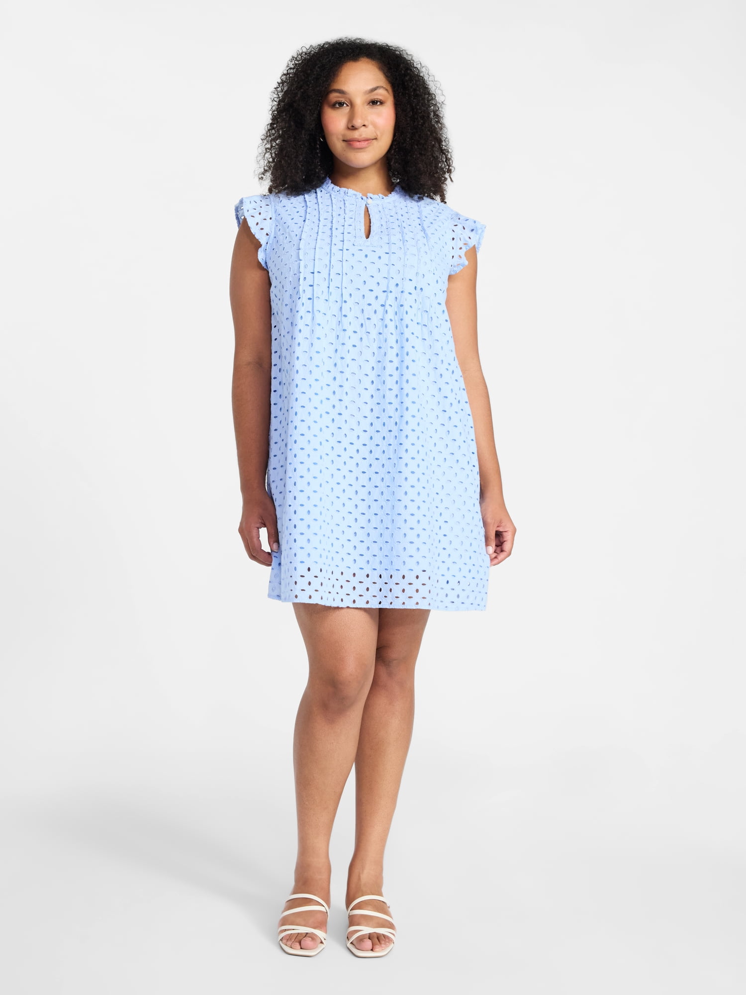 Time and Tru Women's Cotton Eyelet Mini Dress with Flutter Sleeves, Sizes XS-XXXL