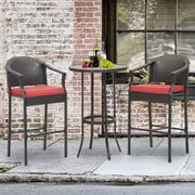 Outdoor Wicker Bar Stools, 3 Pcs Patio Bar Height Bistro Chair Outdoor Patio Furniture Sets Wicker Conversation Set for Backyard Balcony Poolside,Red