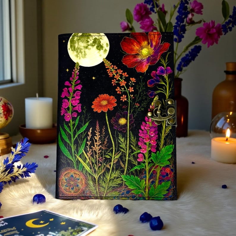 Handmade Leather Journal 5x7 Inches – Floral Moon Botanical Notebook, 200 Deckle-Edge Pages, Vintage Lock, Artisan Writing Diary