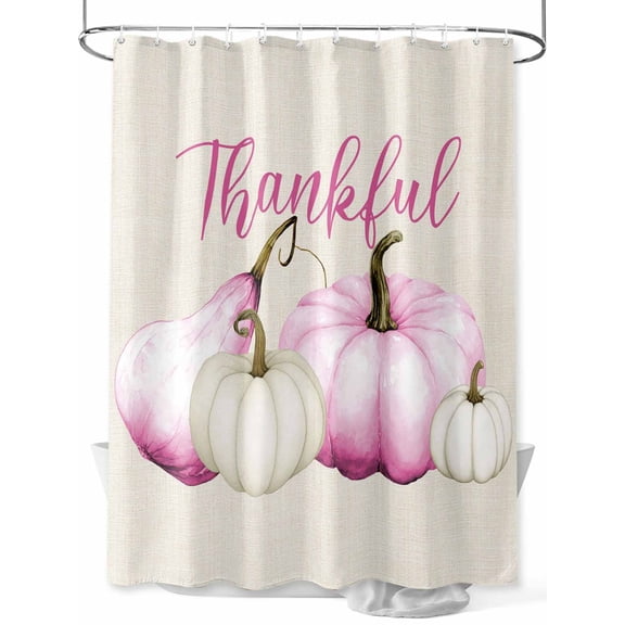 Fall Shower Curtain Pink Pumpkin Shower Curtains for Bathroom Thanksgiving Decor, Waterproof Polyester Shower Curtain Set with Hooks, Standard Size 72" x 72" White Pumpkin Thankful